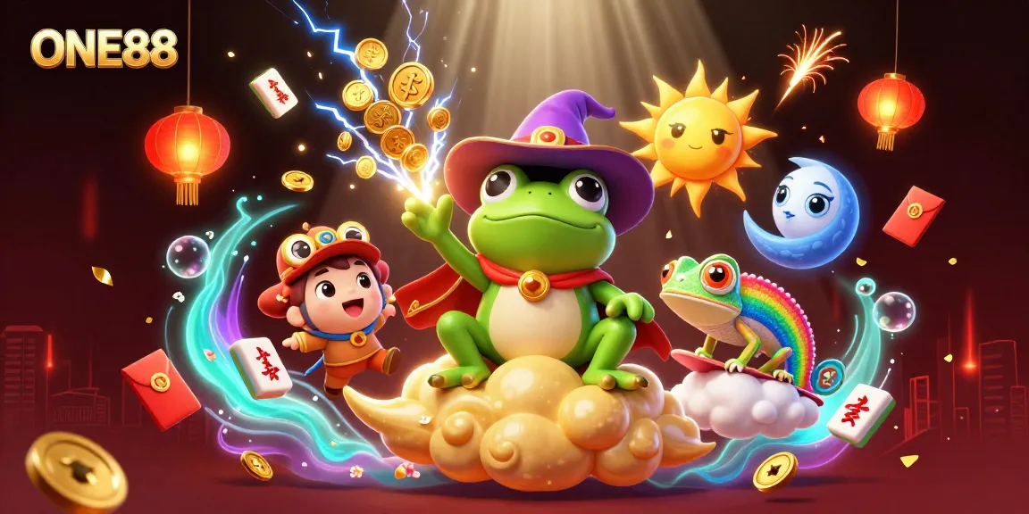 Bet on the vibrant casino experience with ONE88, as a frog wizard conjures golden coins in a whirlwind of excitement.