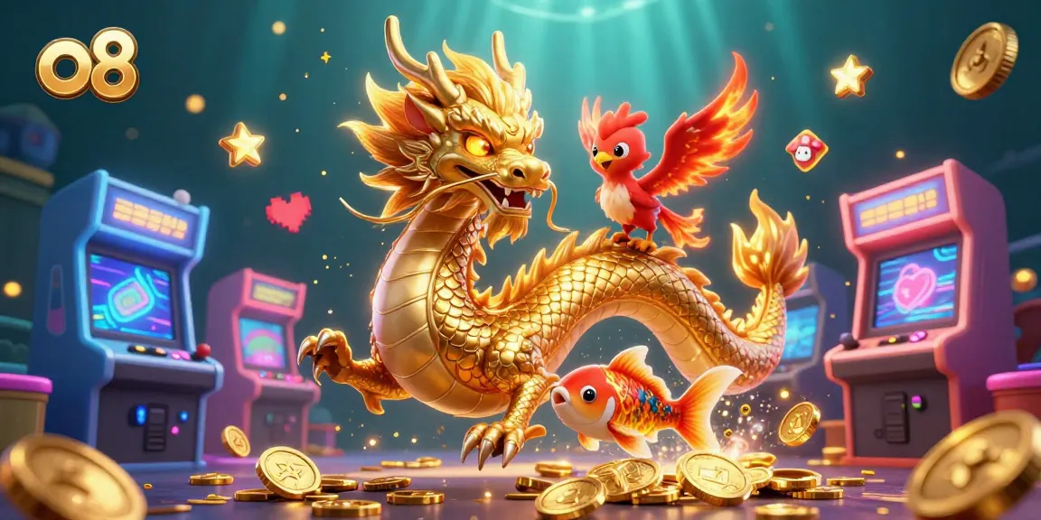 Experience fortune with o8 as a golden dragon coils amidst vibrant 3D game elements and coins.