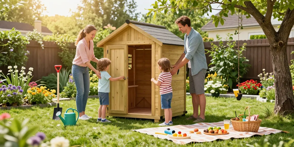 Familie beim Bau ihres neuen Gartenhauses im Garten mit bunten Blumen und sonniger Atmosphäre.