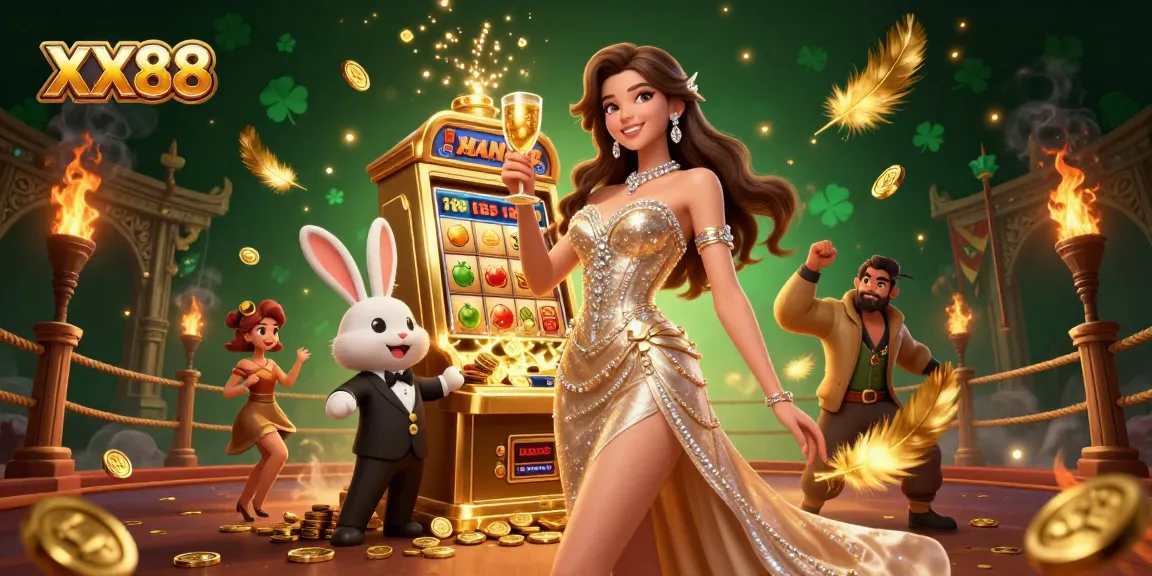 Engage with the exciting XX88 casino scene featuring a glamorous woman celebrating wins by a jackpot slot.