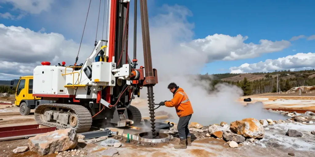 Geothermie Bohrung an einem abgelegenen Standort mit Techniker, der Bohrgeräte bedient.
