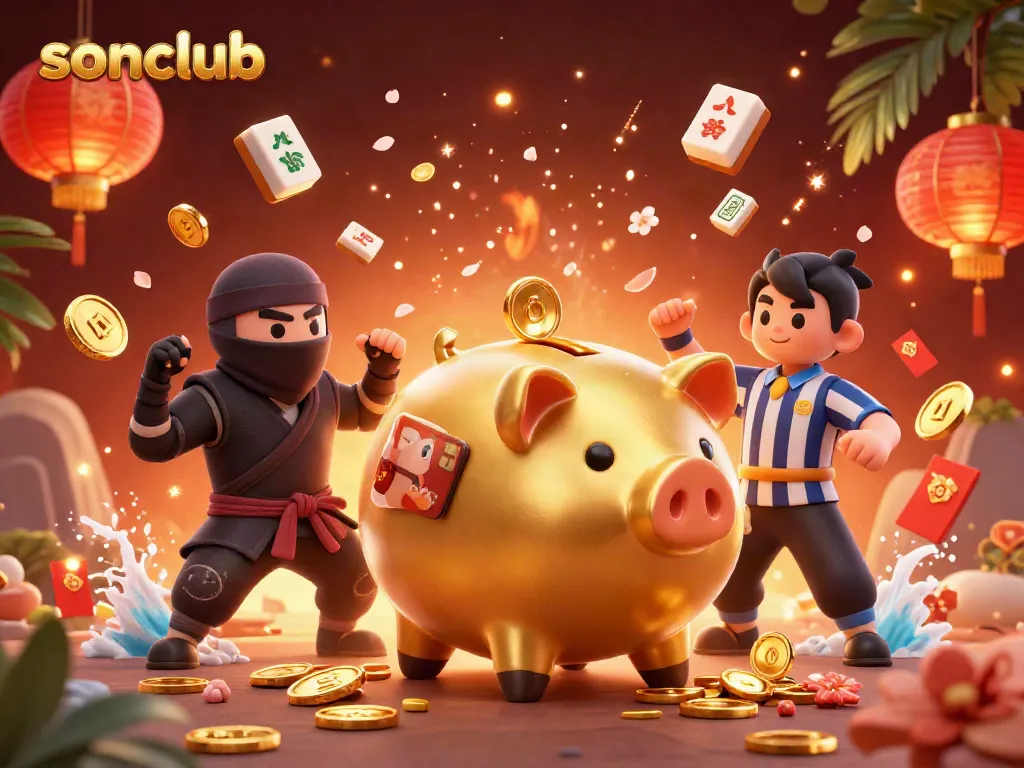 Experience exciting gameplay at sonclub with a dynamic casino scene featuring a golden piggy bank sumo wrestler and ninja.