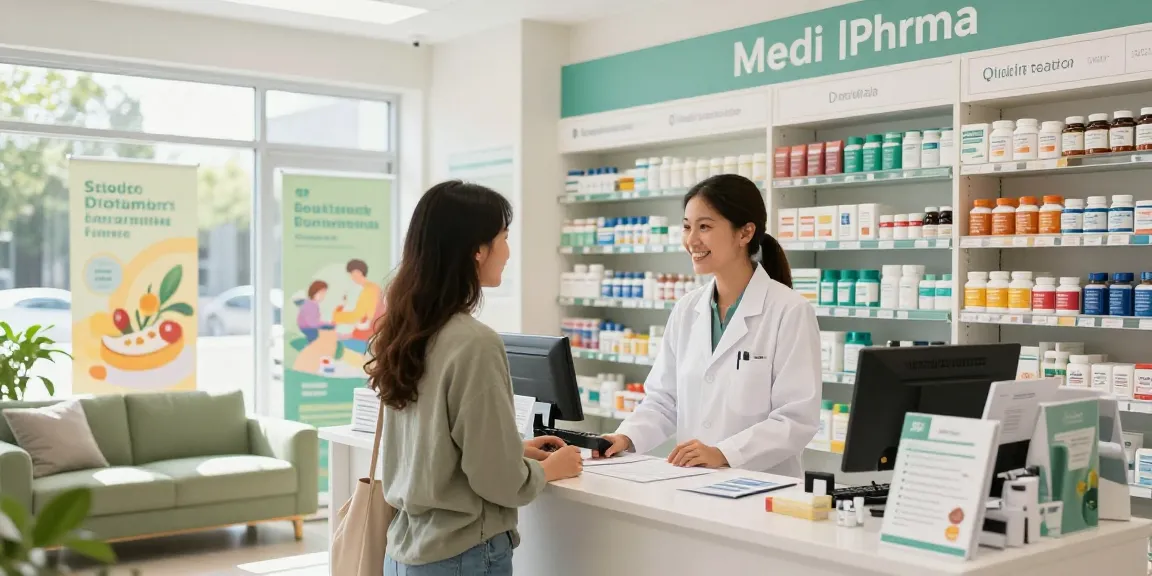 Kundeninteraktion im Medi Pharma Shop mit Apotheker und Wellnessprodukten.