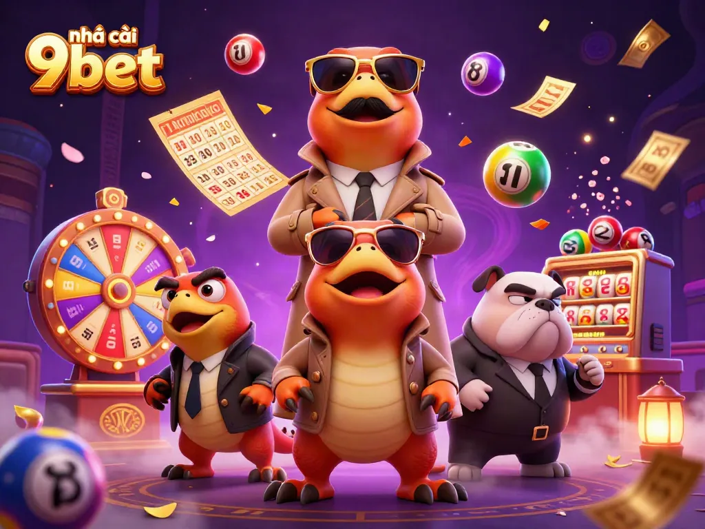 Engage with nhà cái 9bet through a vibrant 3D scene of raptors attempting casino entry.