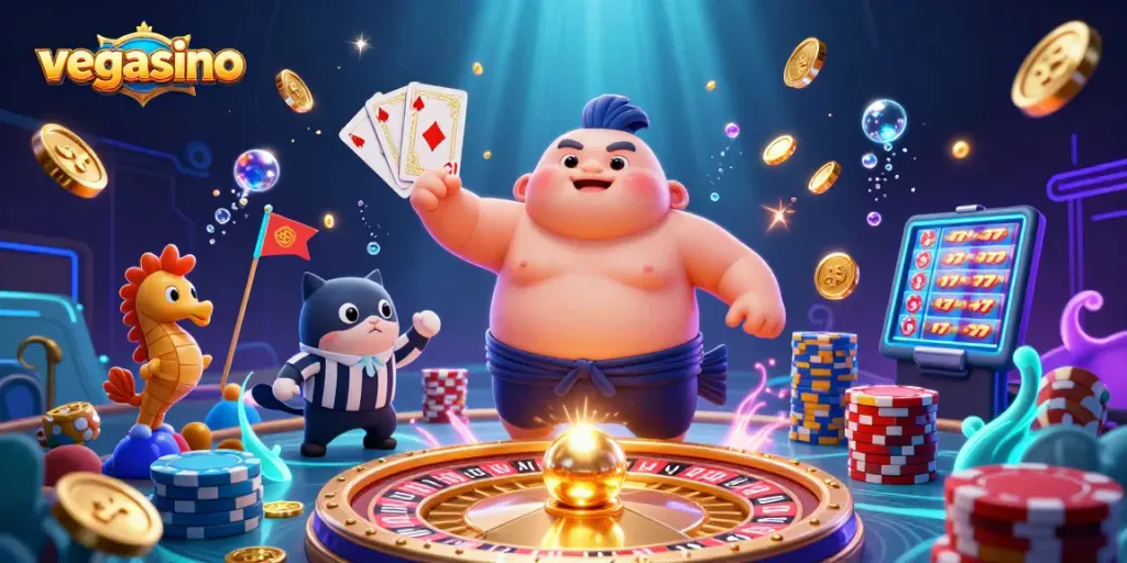 Experience winning delights at Vegasino Casino with vibrant underwater characters and thrilling slots action.