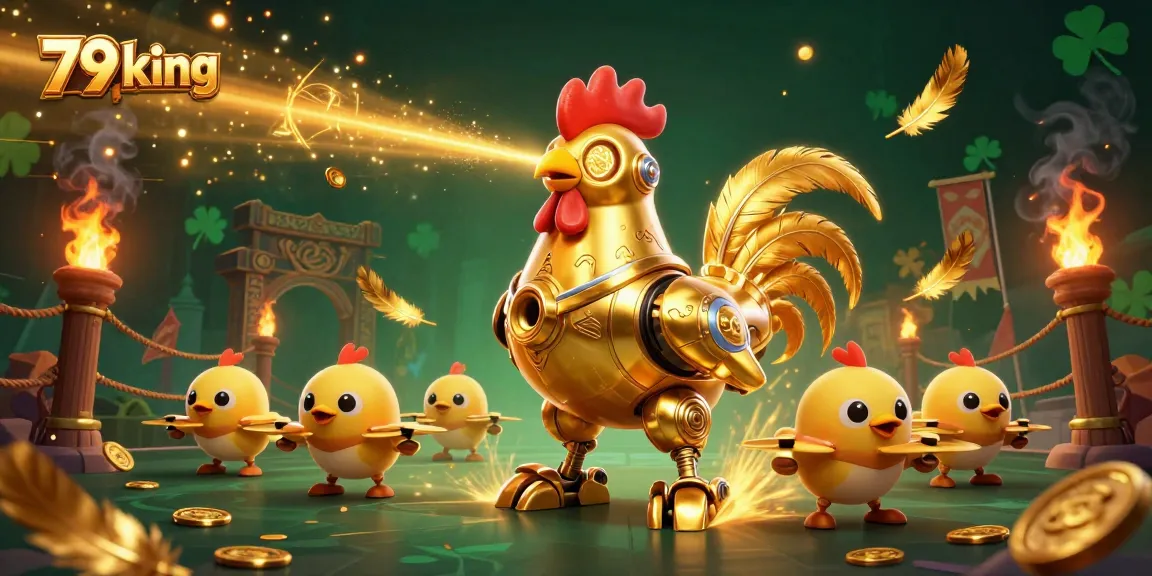 Shoot for big wins with the vibrant 79 king-themed 3D casino illustration featuring a golden rooster robot.