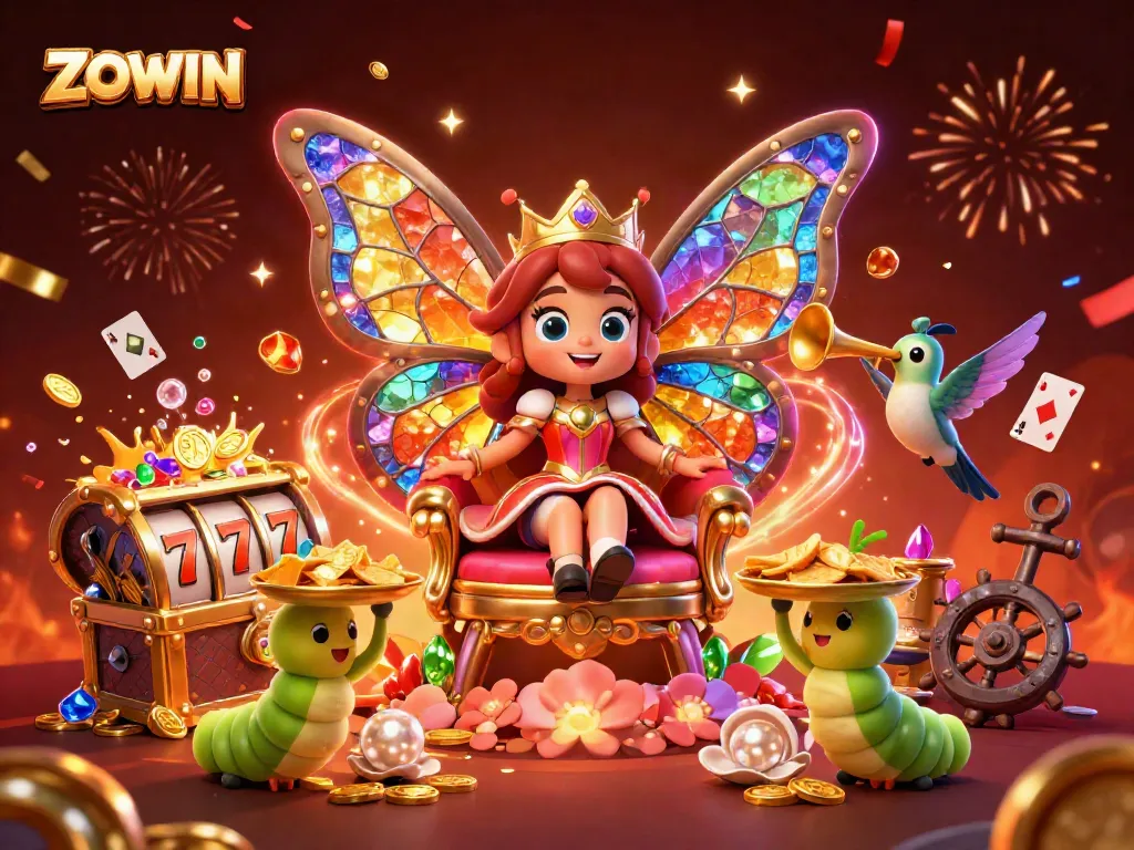 Experience ZOWIN's vibrant casino atmosphere filled with games, treasures, and colorful characters.