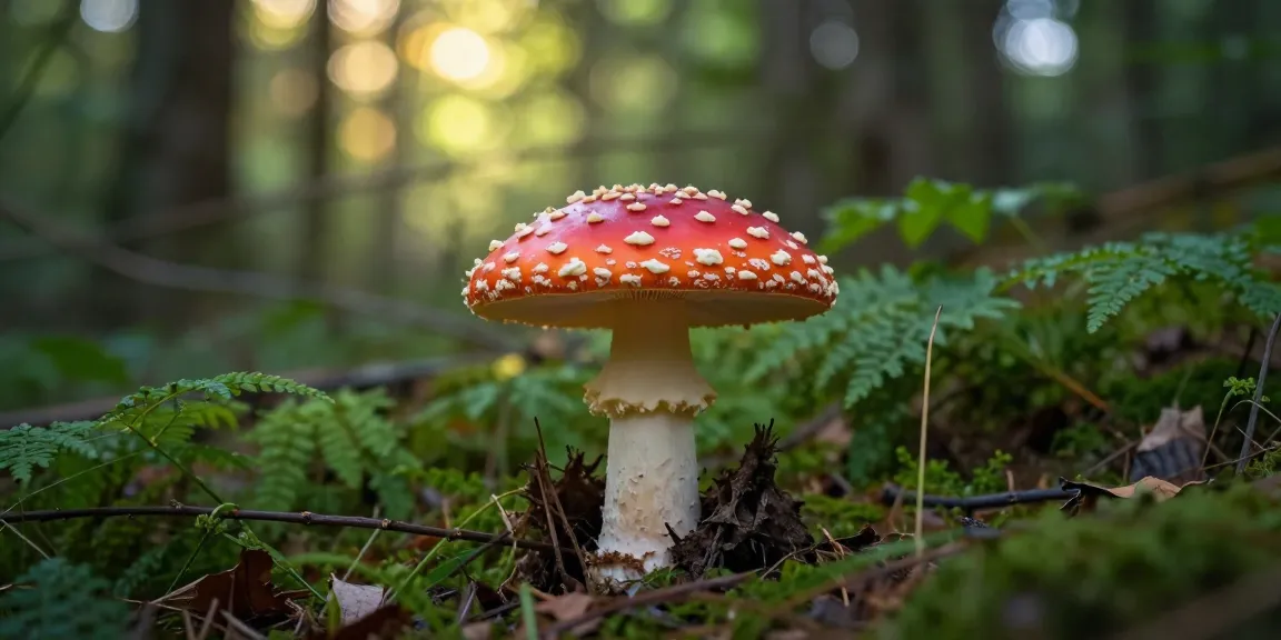 Entdecken Sie Fliegenpilz kaufen mit lebhaften Amanita muscaria-Pilzen in einer ruhigen Waldumgebung.