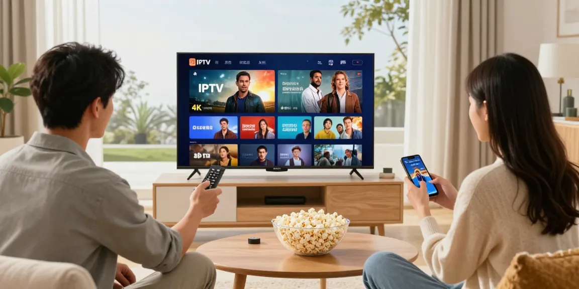 Familie genießt IPTV kaufen in 4K UHD Qualität im modernen Wohnzimmer