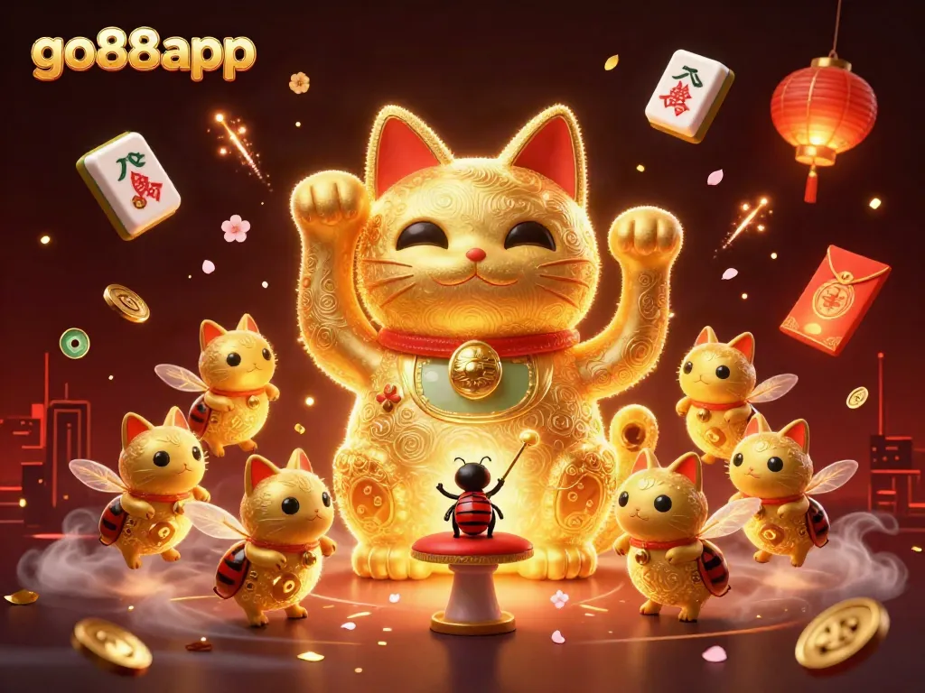 Engage with exciting games at go88app while enjoying a vibrant, animated casino scene featuring a lucky cat.