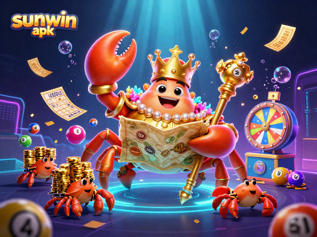 Experience the thrilling sunwin apk with vibrant lottery elements and golden crab characters.