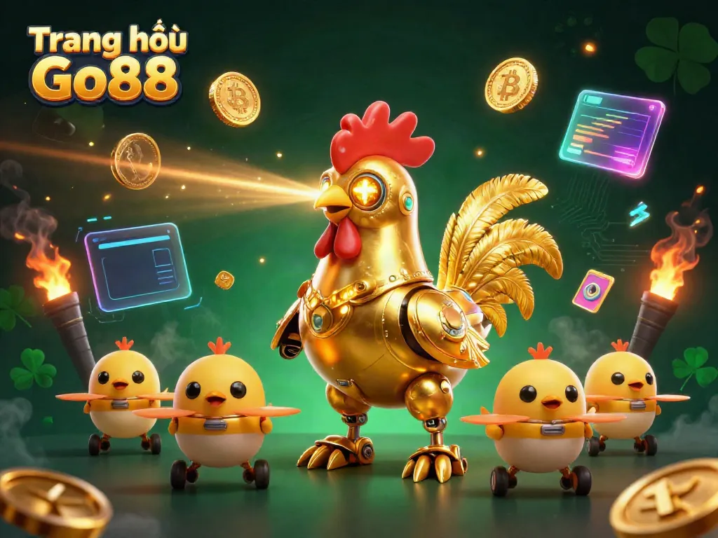 Experience excitement with Trang chủ Go88 as the golden rooster robot launches lasers amidst crypto coins and gaming elements.