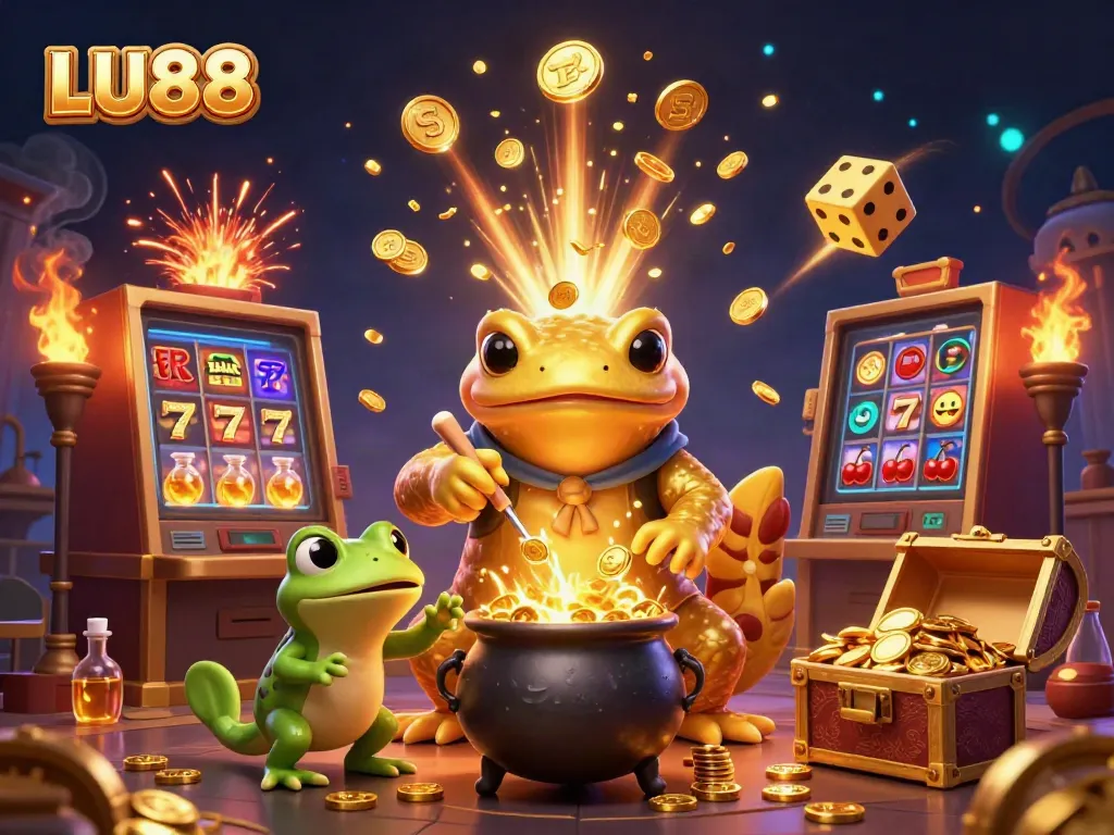 LU88 features a magical scene with a giant salamander alchemist creating gold, signifying winning potential.
