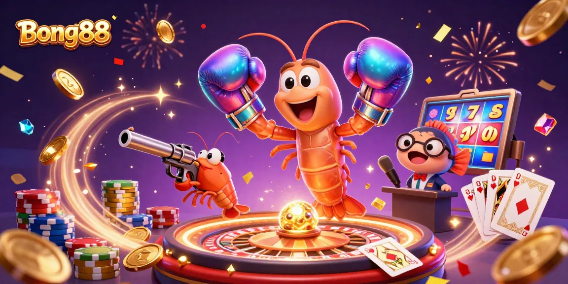 Bong88 showcases vibrant casino fun with animated marine characters amid sparkling coins and roulette action.