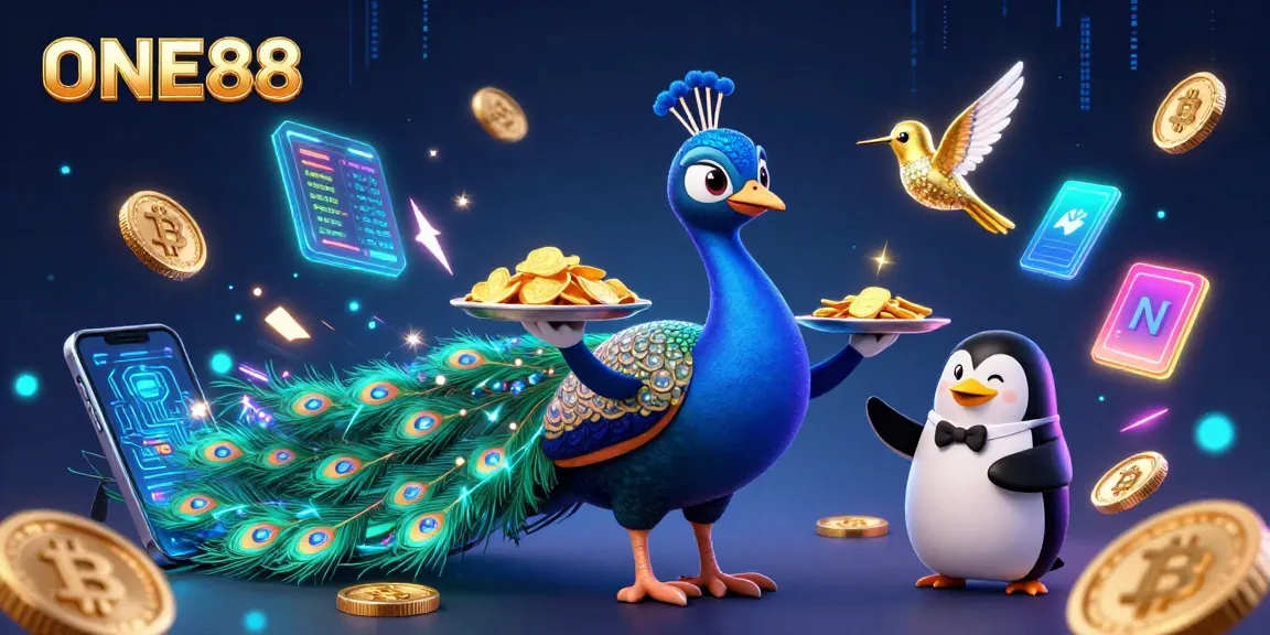 Engage with ONE88’s thrilling world featuring a vibrant peacock and crypto elements as you play.