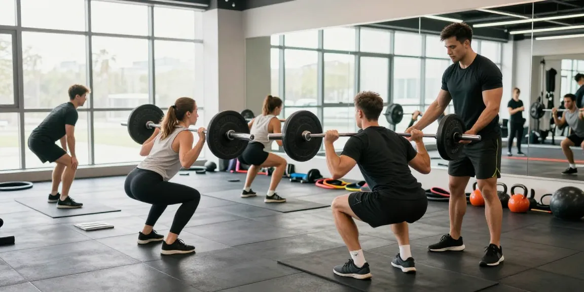 Aktive Trainingsszene im Selliza Shop Fitnessstudio mit engagierten Sportlern beim Gewichtheben und Personal Training