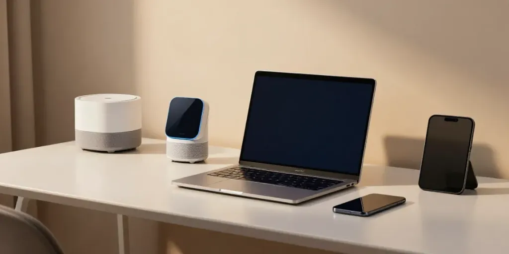 Gadgets in einem modernen Arbeitsumfeld: Laptop, Smartphone und smarte Geräte, die Technologie repräsentieren.