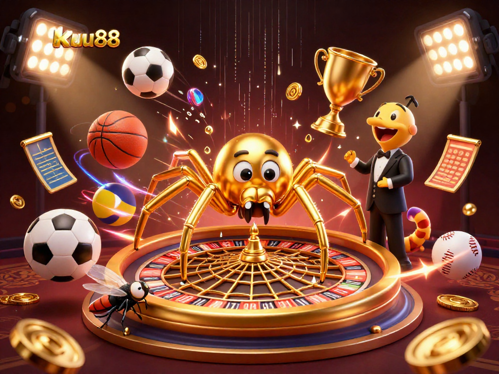 ku88 players engaging with a cartoon spider roulette while placing bets and enjoying a vibrant casino atmosphere