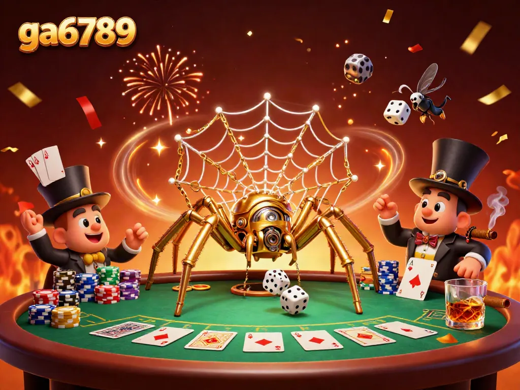 Engaging ga6789 scene with a golden spider in a web of poker chips, a fly gentleman amid celebratory confetti.
