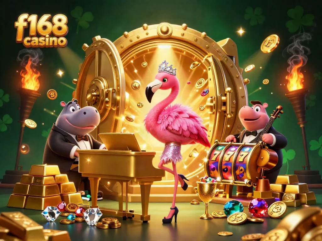 Engage in the excitement at f168 casino with a lively illustration featuring colorful characters in a vibrant casino atmosphere.