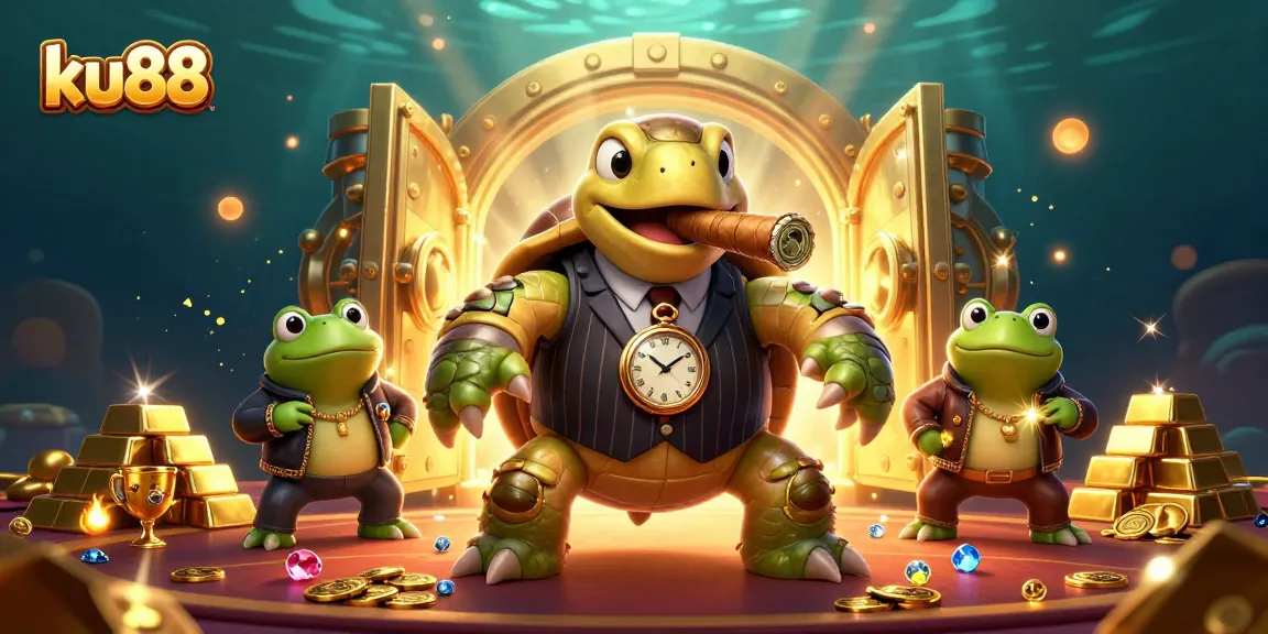 Experience thrilling action with ku88 featuring a mobster turtle and bullfrogs in a vibrant casino scene.