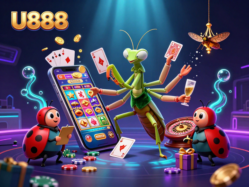 Engage with U888 as the giant mantis card sharp deals cards in a vibrant casino scene.