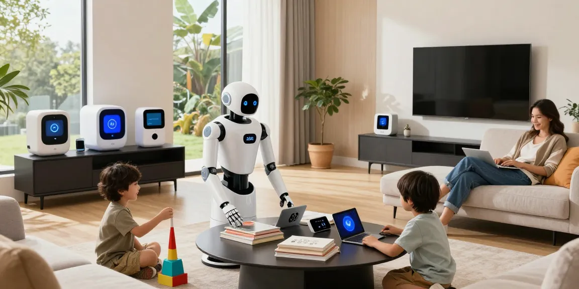 Home robot 2026 assisting a family in a modern living room, organizing clutter and enhancing daily life.