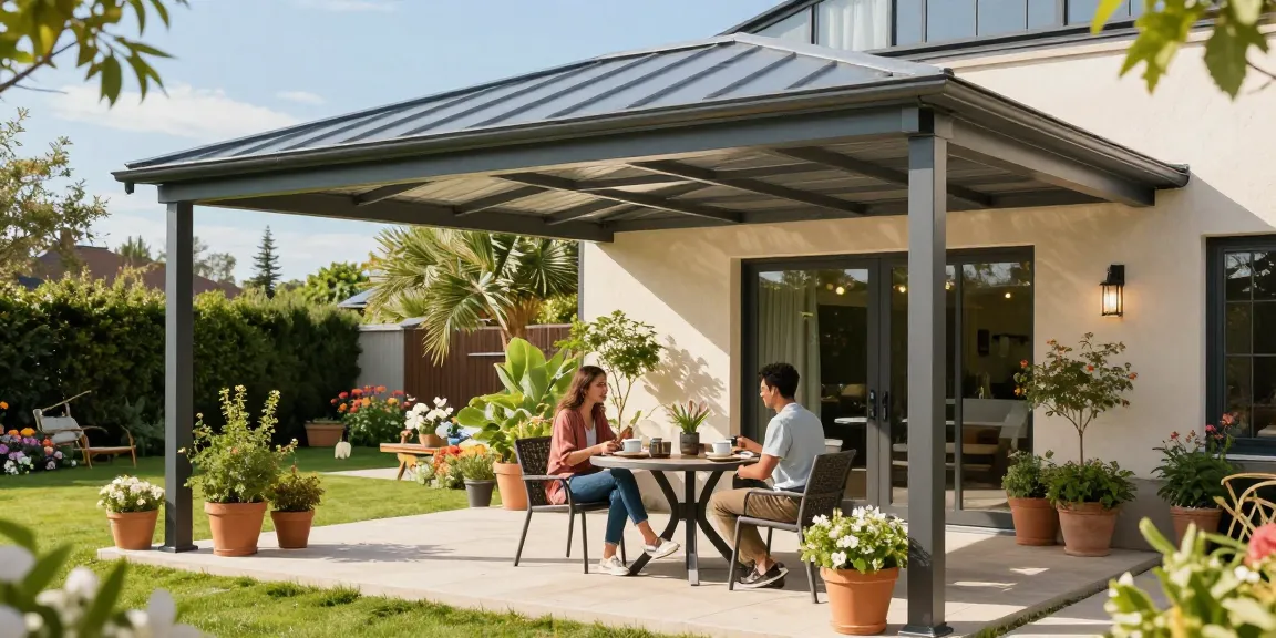 Terrassenüberdachungen in einem einladenden Garten mit einem Paar, das Kaffee genießt.