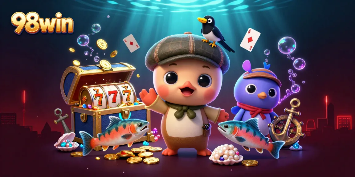 Playful 98win scene with cartoon characters celebrating casino wins amid vibrant gaming elements.