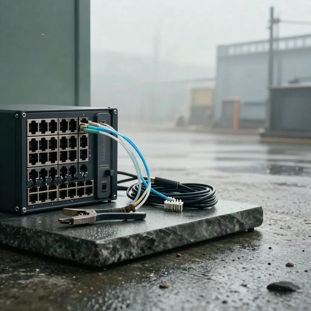 IT-Werkzeugset mit Switch, Router, Glasfaser und Kabeln auf dunklem Stein, morgens im Nebel