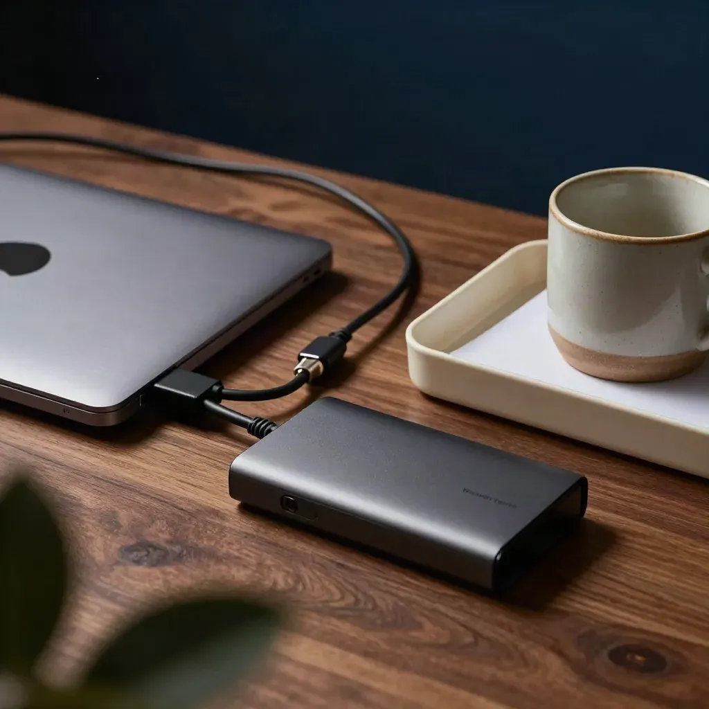 Geschlossene Laptop, Patchkabel, Backup-Laufwerk und Tasse auf Walnussfläche im Büro.