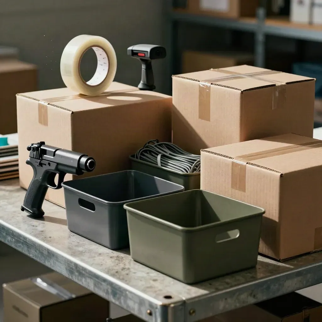 Verpackungsstation mit Kartons, Klebebandgerät, Scannerhalter und Kabelbindern