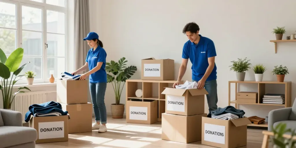 Professionelle Entrümpelungsdienste in Wien sortieren Möbel und Kartons in einem hellen Zuhause.