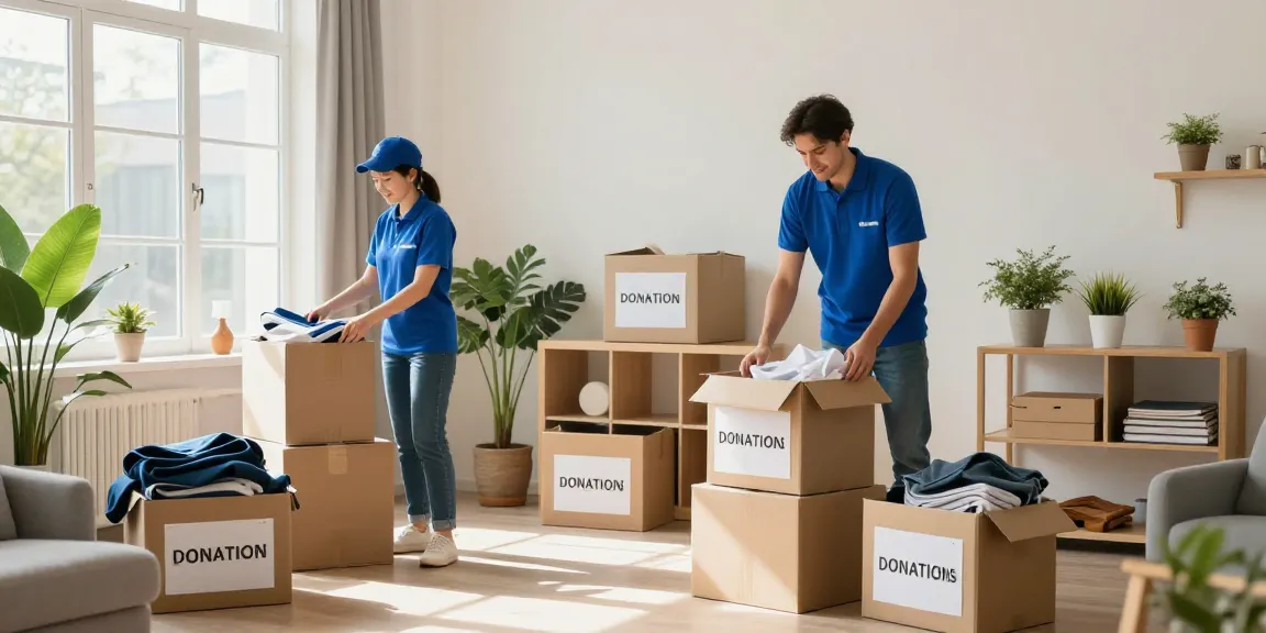 Professionelle Entrümpelungsdienste in Wien sortieren Möbel und Kartons in einem hellen Zuhause.