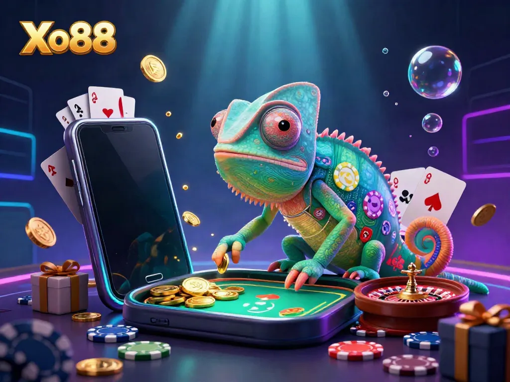 Engage with the vibrant 3D scene showcasing Xo88's colorful casino atmosphere, featuring a striking chameleon owner and dynamic gaming elements.