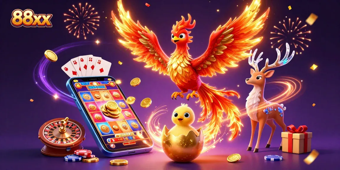 88xx engages players in vibrant online casino games with golden coins and festive energy.