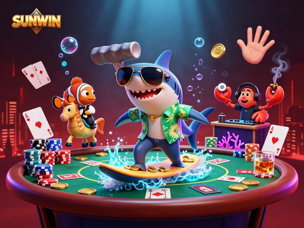 SUNWIN showcases a vibrant 3D scene featuring a shark, clownfish, and DJ in a dynamic underwater casino setting.