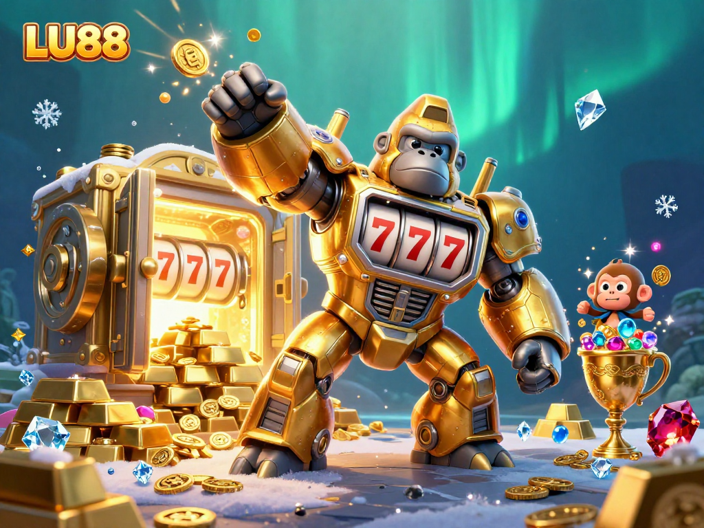 Experience thrilling gaming at LU88 with the golden gorilla mech in an explosive casino scene.