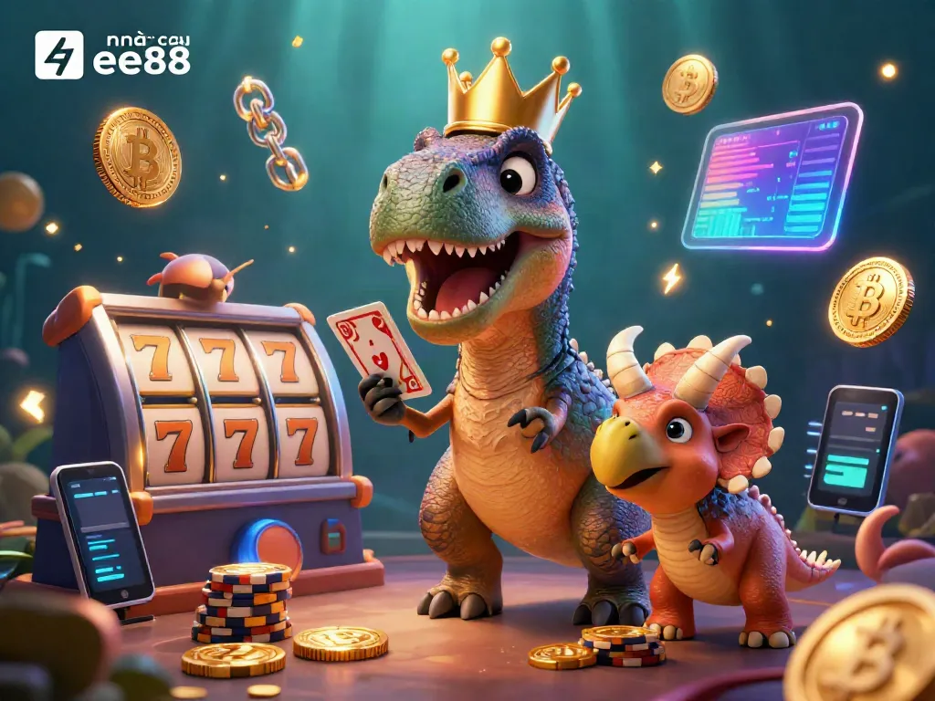 Engage in exciting gameplay at nhà cái ee88 with a vibrant scene featuring a T-Rex, Pterodactyl assistant, and golden chips.