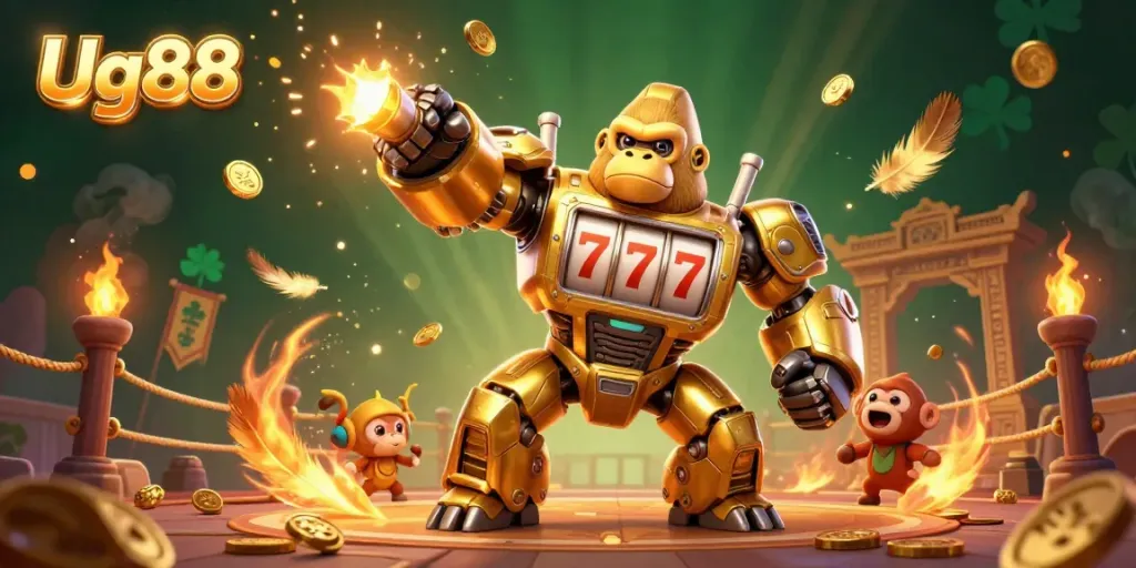Engage in thrilling gameplay with Ug88, featuring a dynamic golden gorilla mech and vibrant casino elements.