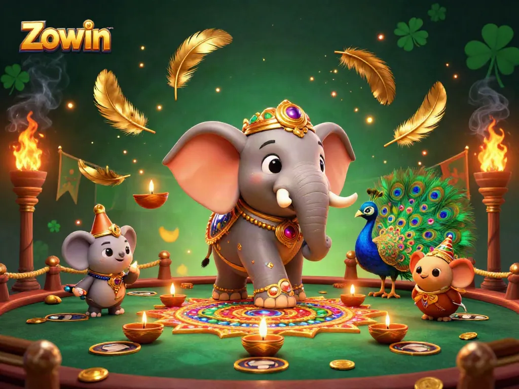 Zowin players engaging in thrilling card games, surrounded by vibrant casino elements and festive decor.