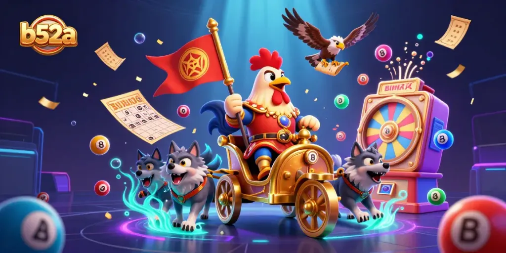 Experience the vibrant world of b52a with a dynamic casino scene featuring a rooster warlord and game elements.