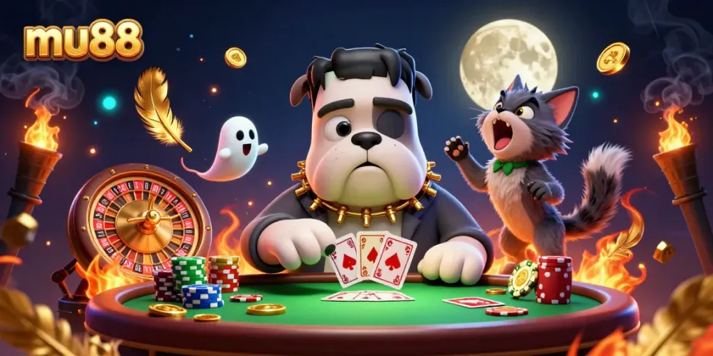 Catch thrilling moments at mu88 as a unique bulldog monster deals cards amid a vibrant casino scene.