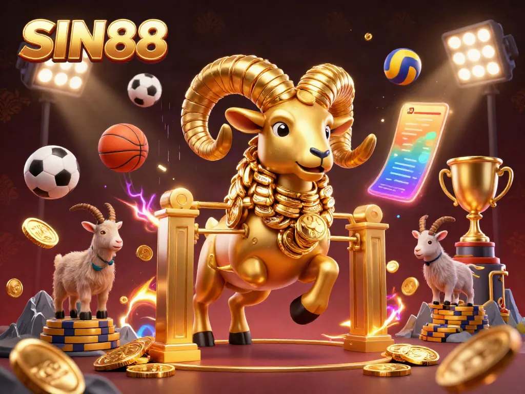 SIN88 showcases a golden ram charging through a casino, adorned with sports elements and golden coins, emphasizing excitement in gaming.