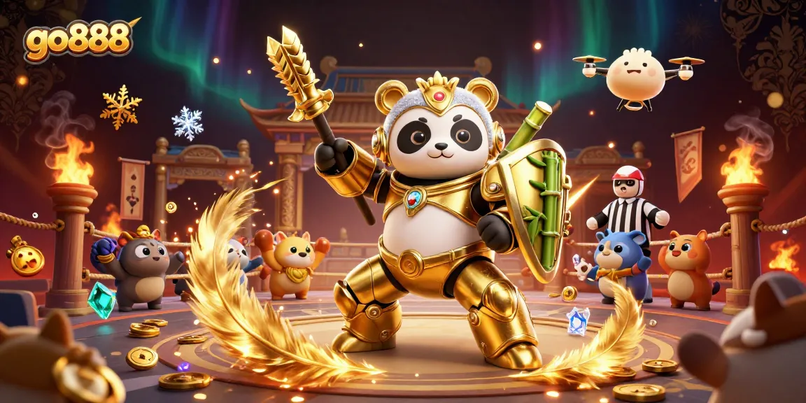 Experience thrilling gameplay with go888 in a vivid 3D arena featuring a golden panda fighter.
