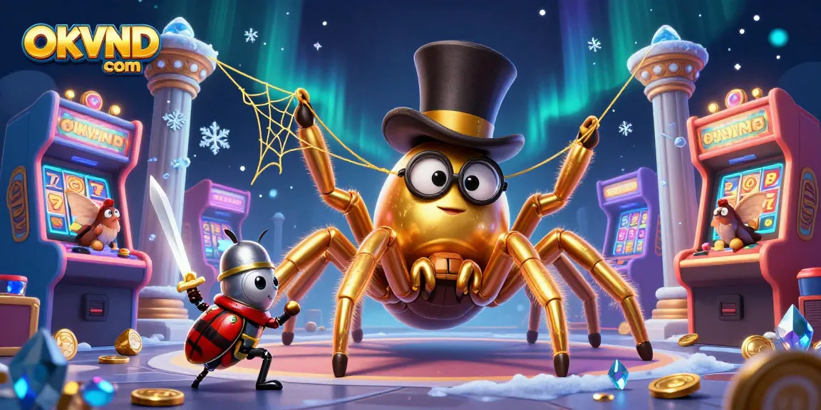 Experience dynamic gaming with OKVND com in this vibrant casino-themed illustration.