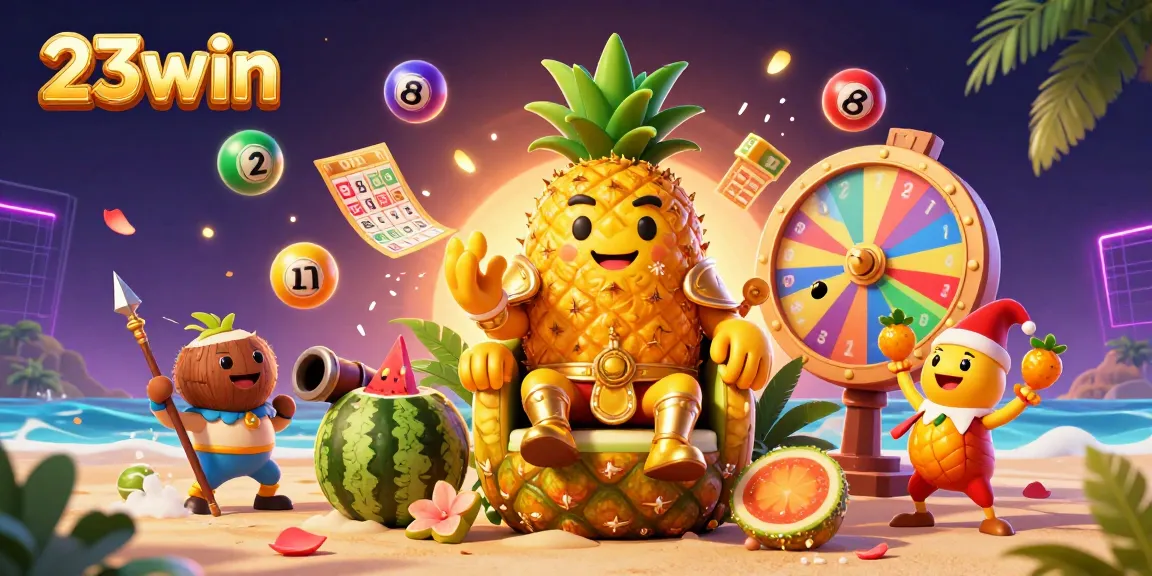 Engage with thrilling gameplay at 23win, featuring a vibrant beach casino scene with the golden pineapple king and colorful lottery elements.