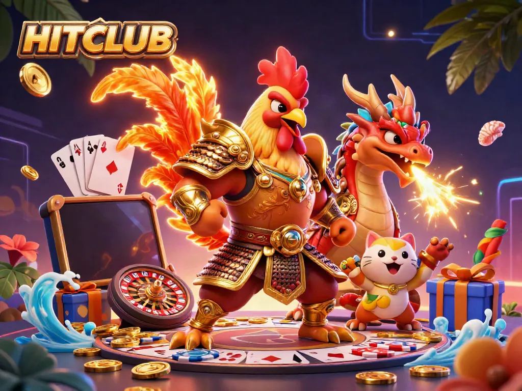 Engage in thrilling action at HITCLUB with a dynamic casino-themed 3D illustration featuring epic gaming elements.