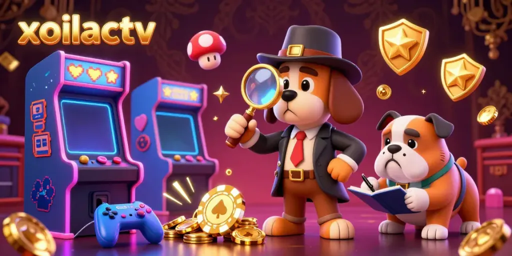 Join the adventure with xoilactv's detective duo discovering golden poker chip clues amidst vibrant arcade gaming elements.