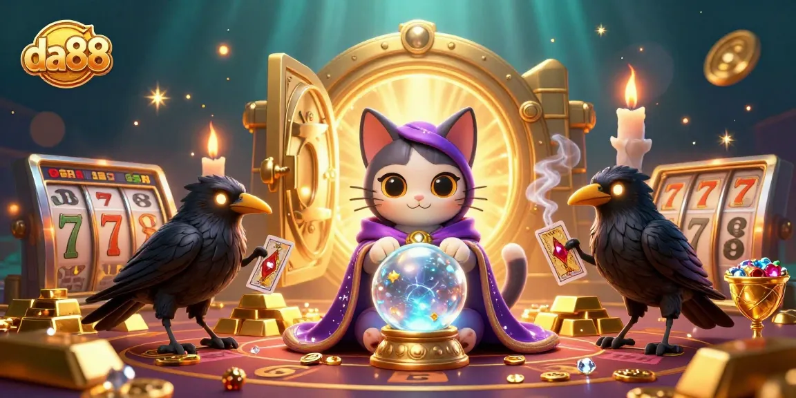 Discover the vibrant world of da88 with a mystical cat and raven amidst a casino treasure haven.